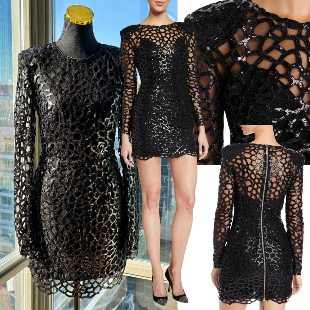 🆕 BRONX & BANCO 🧿 NWOT Spider Sequined Long Sleeve Mini Dress, Sz S / US 4